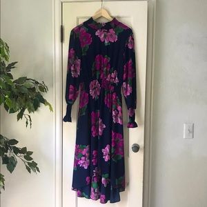 Nanette Lenore NAVY FLORAL Smocked Neck High-Low MIDI Dress—Size 10